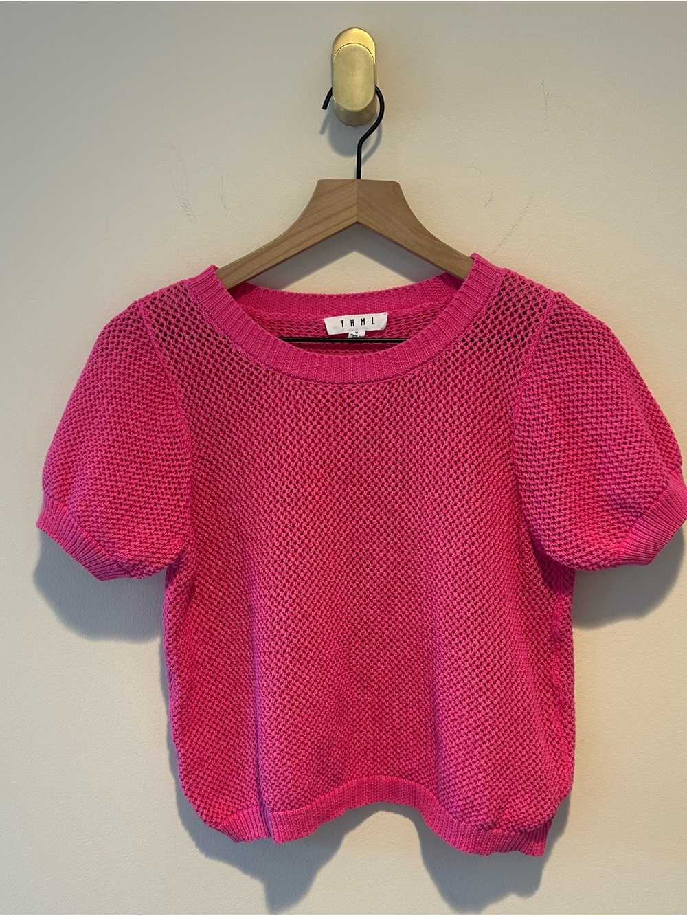THML Women’s Sweater Hot Pink Open Knit Short Sleeve Top 100% Cotton